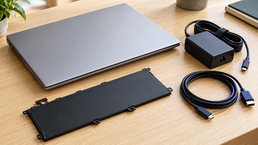 Editorial illustration of a laptop battery, USB-C charger and display cable arranged for a purchase inspection