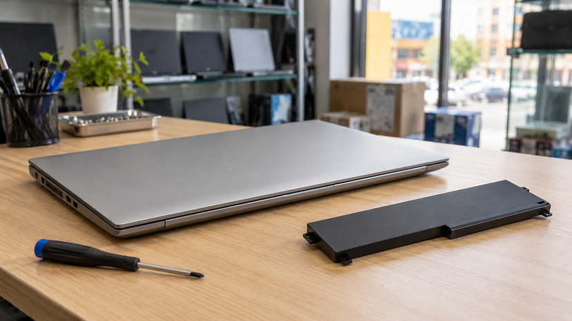 Conceptual illustration of laptop battery inspection with a closed laptop and separate battery silhouette