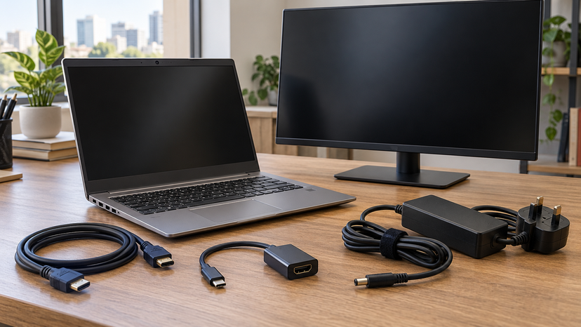 Editorial illustration of a laptop, external monitor and separate connection cables arranged for compatibility planning