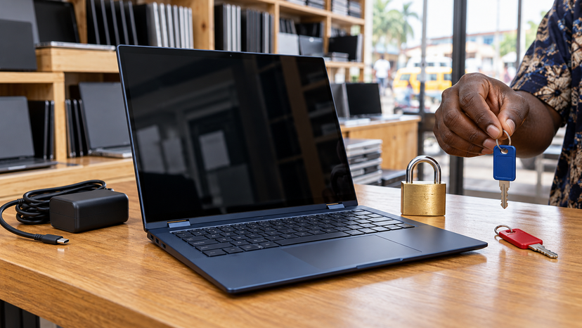 Conceptual illustration of ownership and account access checks for a used Chromebook