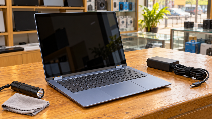 Conceptual illustration of battery, touchscreen and charger inspection before a laptop purchase