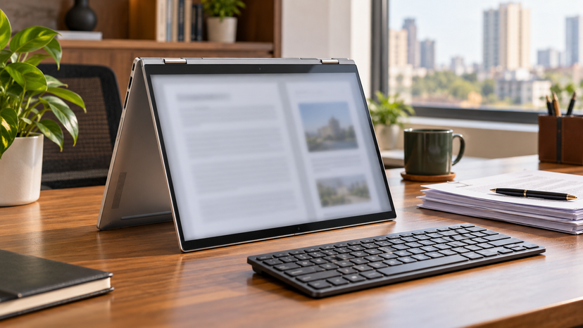 Editorial illustration of a convertible laptop arranged for document review with an external keyboard