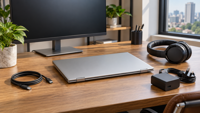 Conceptual illustration of separate monitor, headset and charging accessories beside a closed business laptop