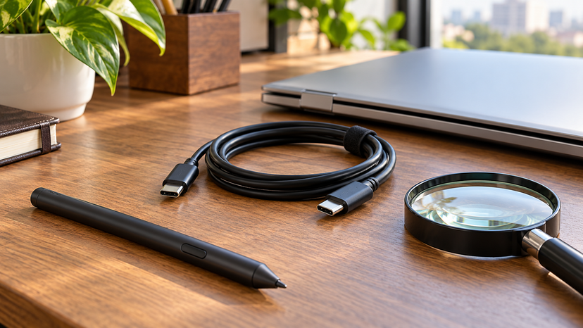 Conceptual still life of an unbranded stylus, charging cable and magnifying glass on a work surface