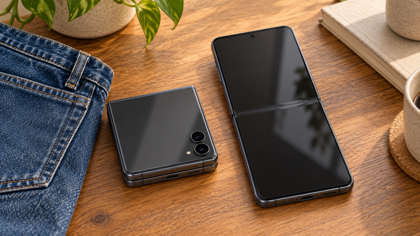 Editorial illustration comparing the folded and unfolded Galaxy Z Flip8 footprint