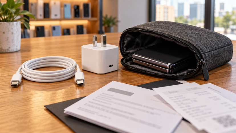 Conceptual illustration of a charging cable, travel pouch and purchase documents