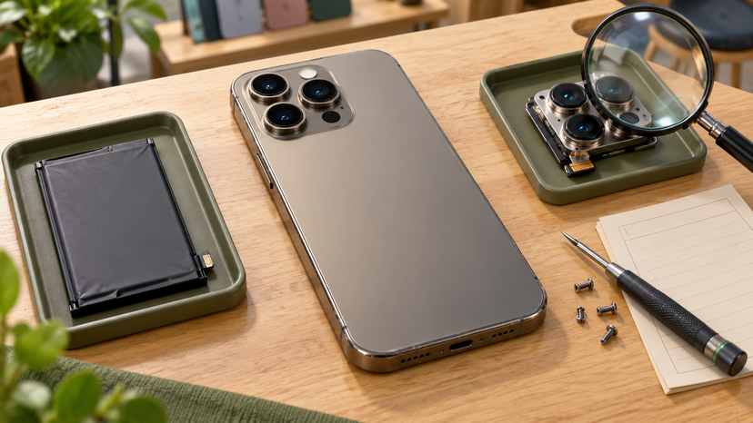 Conceptual illustration of a smartphone with separate battery, camera and repair-history inspection elements