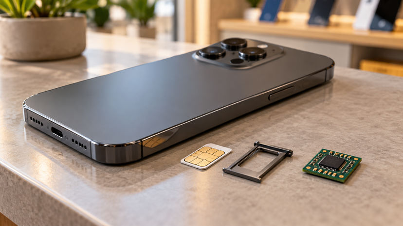 Conceptual illustration of a physical SIM card and an embedded connectivity component beside a smartphone
