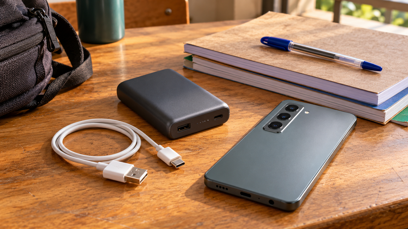 Conceptual illustration of a charging cable and power bank beside a student's everyday essentials