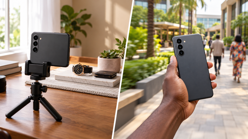 Conceptual illustration contrasting a stationary product photography setup with a moving video scene
