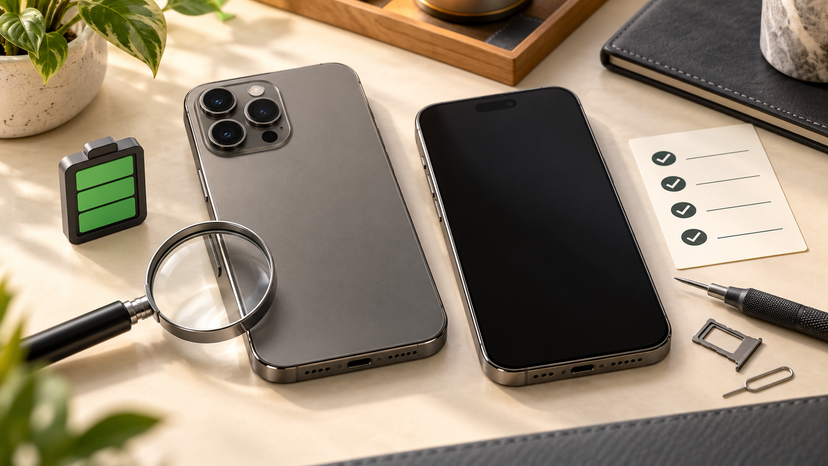 Editorial illustration of an iPhone 15 Pro Max with battery and inspection symbols