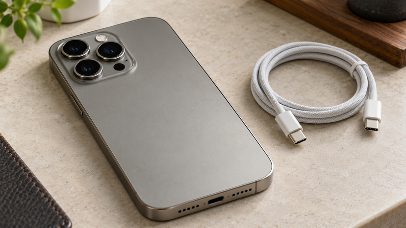 Editorial illustration showing the iPhone 15 Pro Max rear cameras and a separate USB-C cable