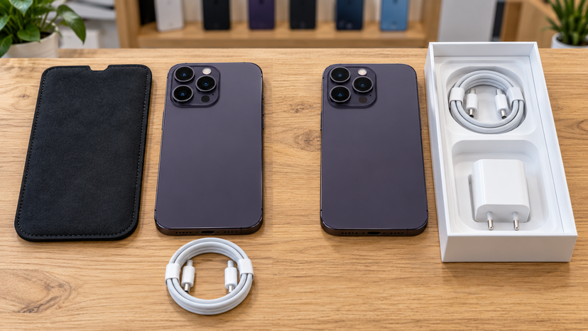 Illustration comparing two iPhone 14 Pro Max purchase options with packaging and charging accessories