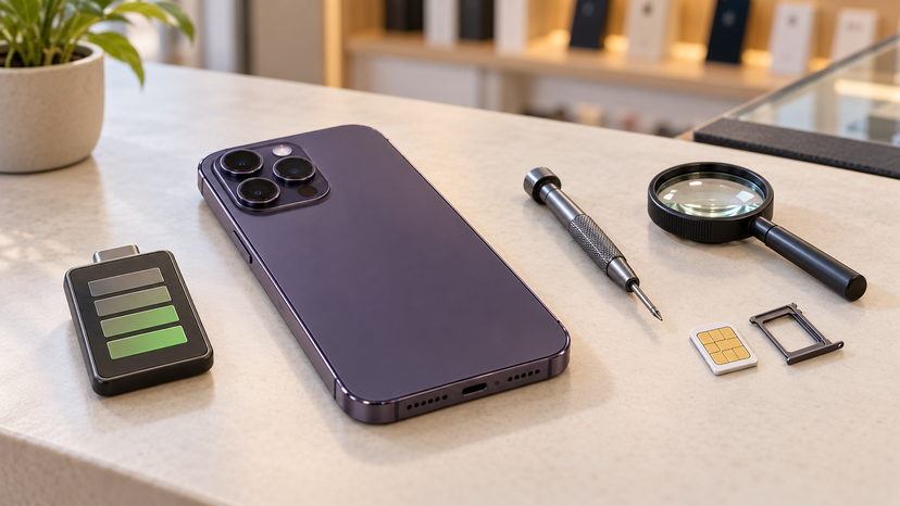 Conceptual illustration of battery, repair and SIM inspection symbols beside an iPhone 14 Pro Max
