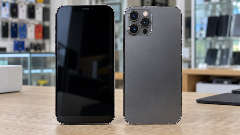 Illustration showing front and rear views of an iPhone 12 Pro Max for display and camera inspection