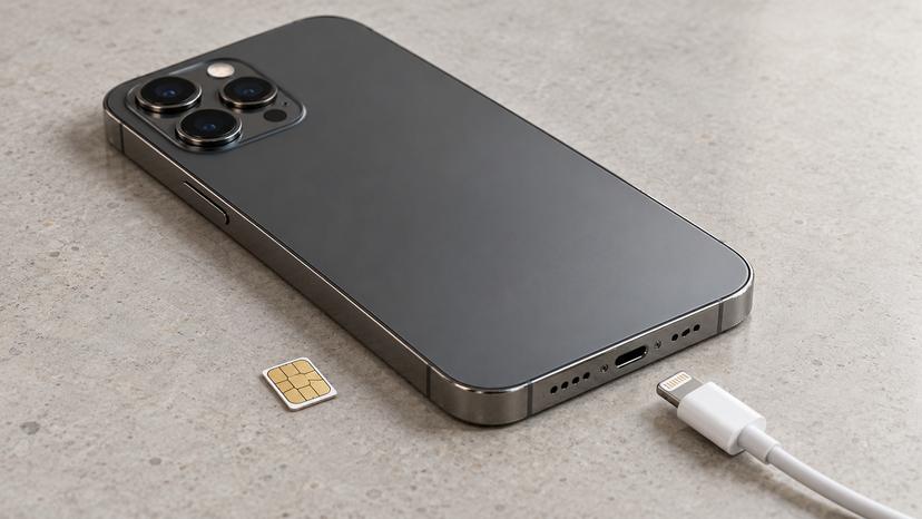 Illustration of an iPhone 12 Pro Max with a nano-SIM and disconnected Lightning charging cable