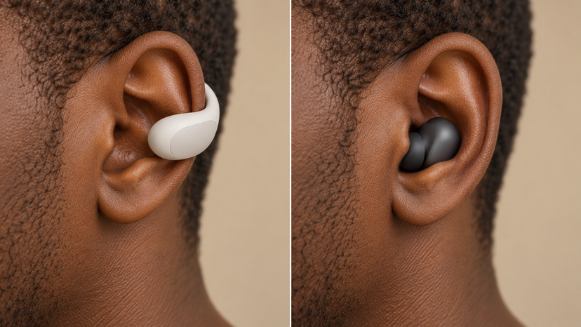 Conceptual illustration comparing a clip-on earbud position with a sealed ear-tip position