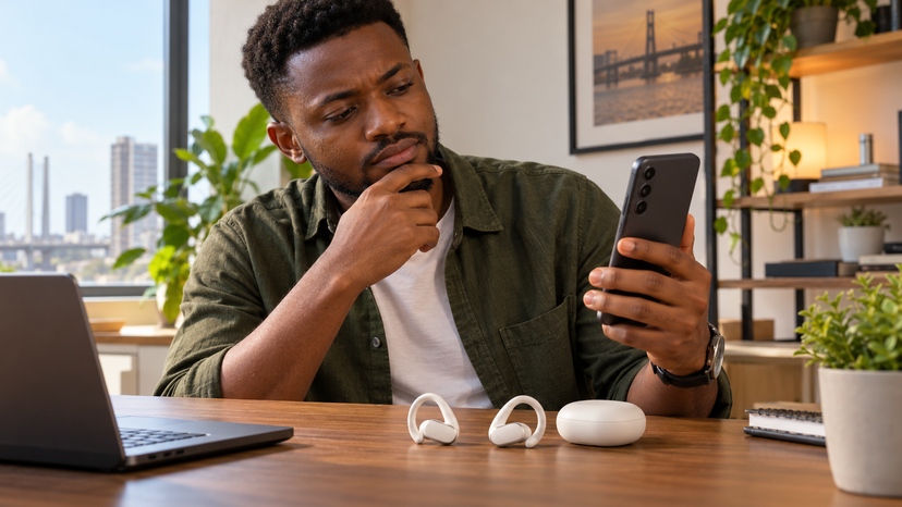 Conceptual illustration of a Nigerian shopper considering earbud fit and phone compatibility at a desk