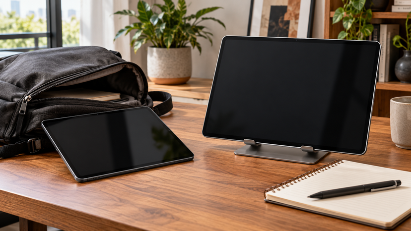 Conceptual illustration of a portable tablet setup beside a larger desk-based tablet setup