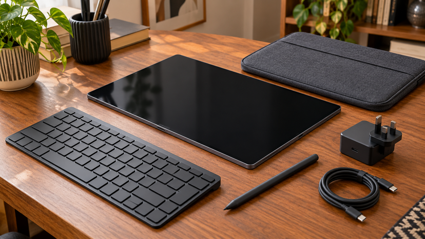 Illustrated tablet buying setup with a separate keyboard, stylus, charger and protective sleeve