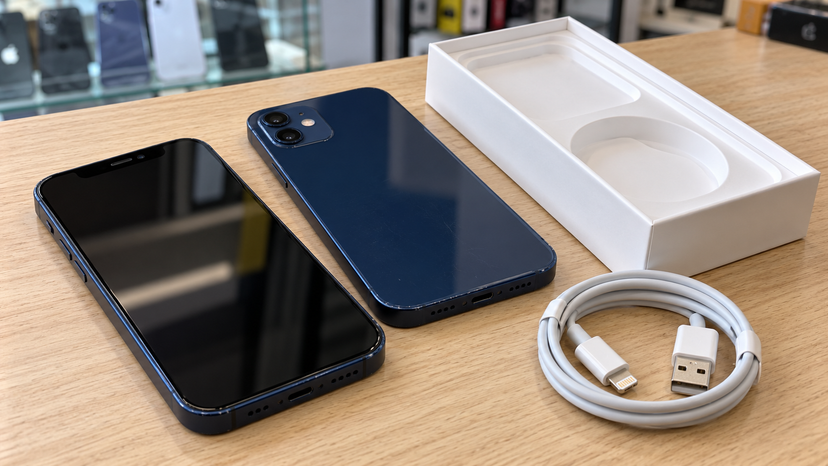 Editorial illustration of an iPhone 12 with an open packaging tray and Lightning cable