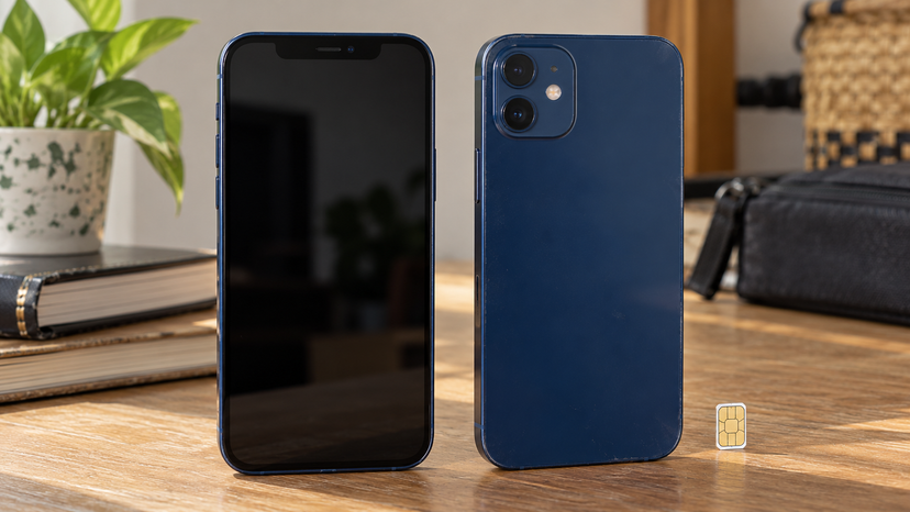 Editorial illustration showing the front and rear of an iPhone 12 beside a nano-SIM