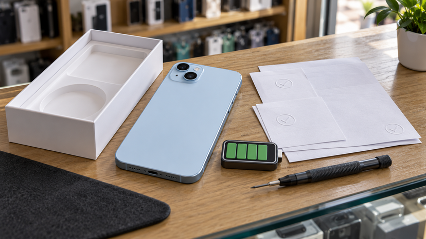 Conceptual illustration of battery condition and purchase records beside an iPhone 15 Plus