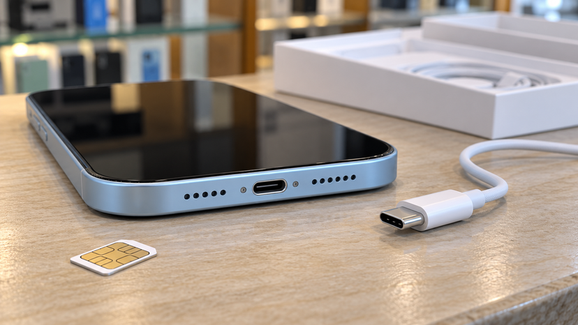 Reference-based illustration of an iPhone 15 Plus USB-C connector with a cable and separate SIM card
