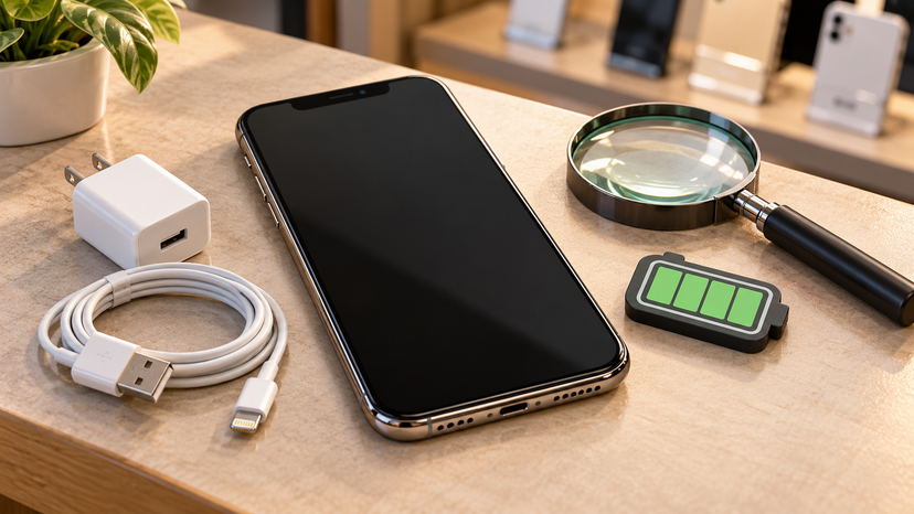 Illustration of an iPhone XS Max with a Lightning cable and a battery assessment motif