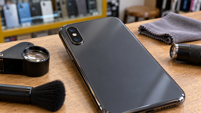 Illustration showing the rear dual-camera arrangement of an iPhone XS Max beside inspection tools