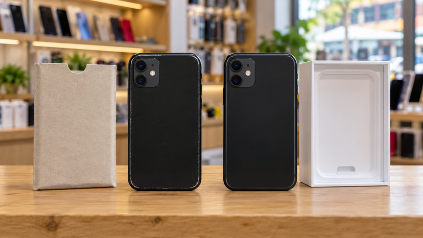Illustration comparing two iPhone 11 handsets with different packaging and cosmetic condition