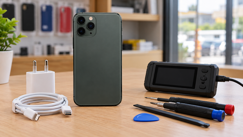 Conceptual illustration of battery assessment and charging accessories beside an iPhone 11 Pro