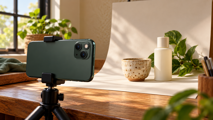 Editorial illustration of an iPhone 11 Pro framing a tabletop product photography scene
