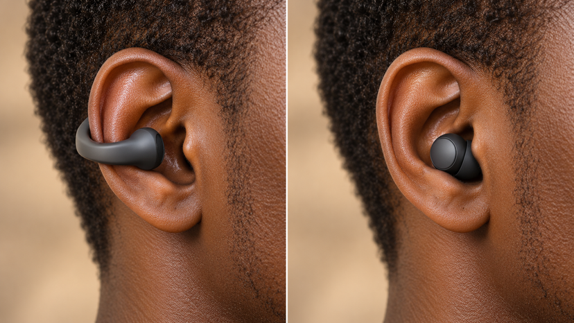 Conceptual side-by-side illustration of open-ear listening and an in-ear seal