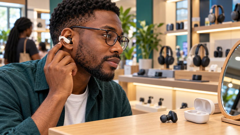 Illustrated Nigerian shopper comparing earbud fit while wearing glasses at an audio counter