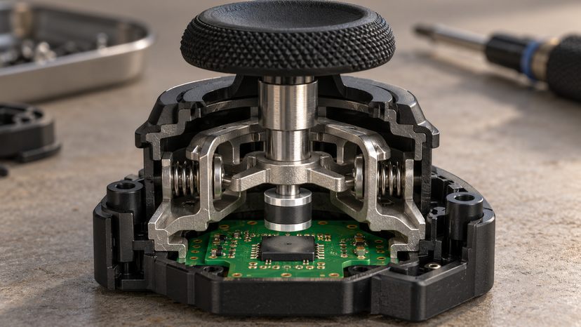 Conceptual cutaway illustration of a thumbstick mechanism with magnetic sensing components
