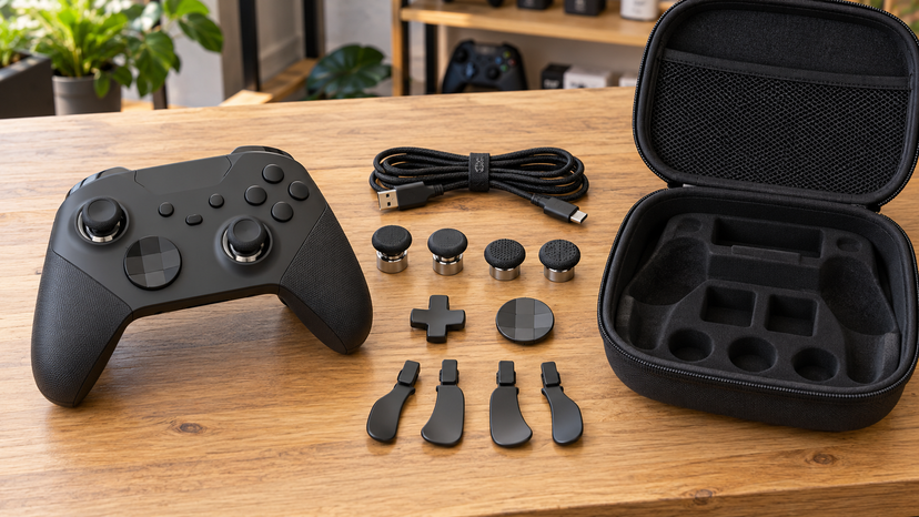 Illustration of an unbranded controller, detachable accessories and carrying case arranged for a package comparison