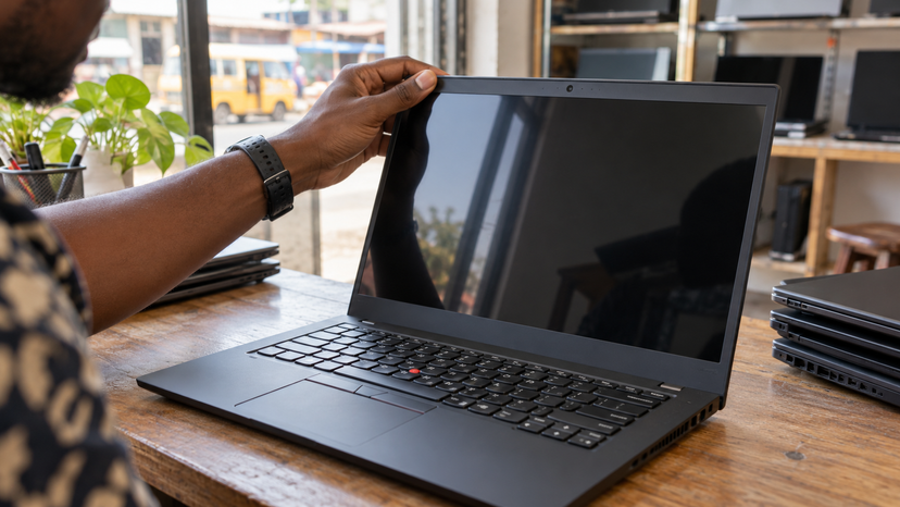 Illustration of a laptop display being assessed for surface condition in daylight
