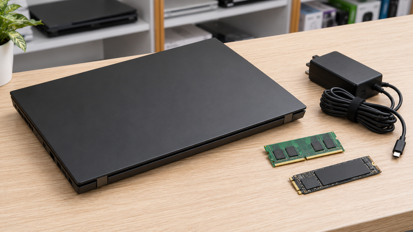 Conceptual illustration of a memory module, SSD and USB-C charger arranged beside a closed laptop