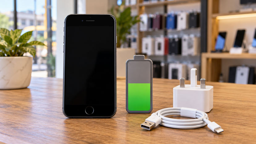 Illustration of an iPhone SE 3 with a separate battery symbol and charging accessories