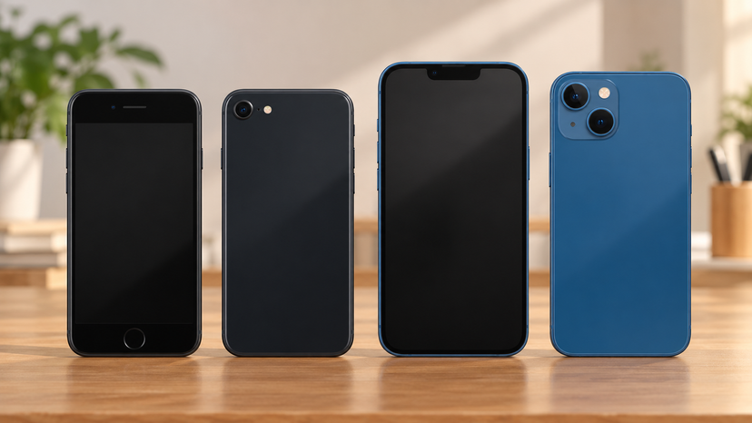 Illustration comparing the compact iPhone SE 3 and larger iPhone 13 using accurate hardware proportions