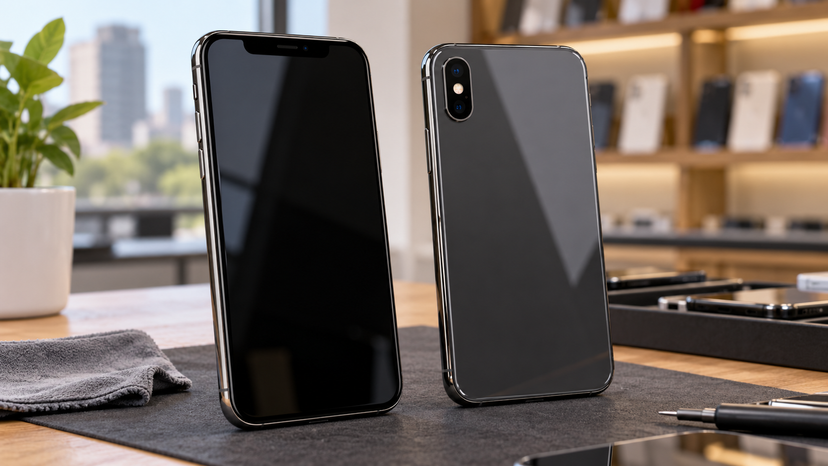 Reference-based illustration showing the compact front and dual-camera rear of an iPhone XS