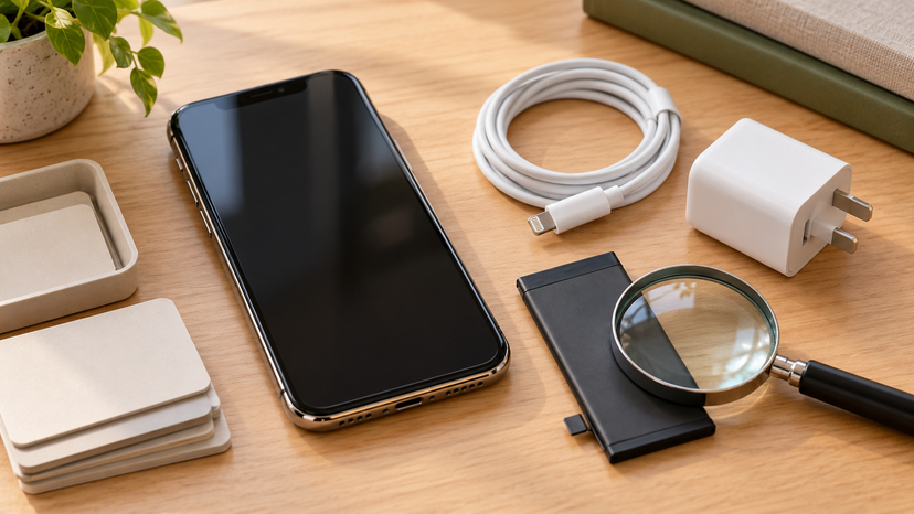 Conceptual illustration of battery inspection, Lightning charging and storage planning for an iPhone XS