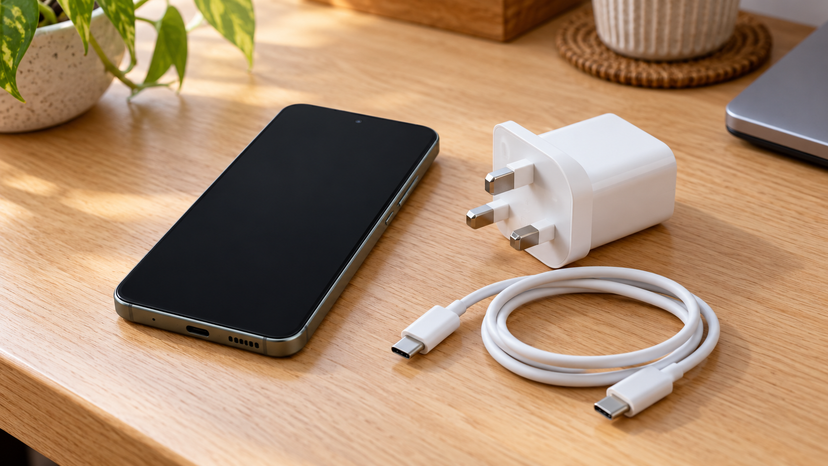 Conceptual illustration of a USB-C charger and cable beside a compact smartphone