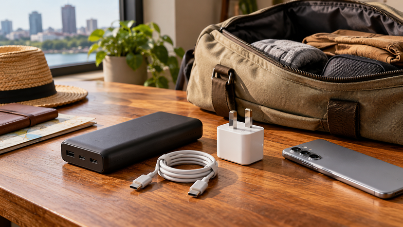 Conceptual still life of a charging cable, power bank and travel bag