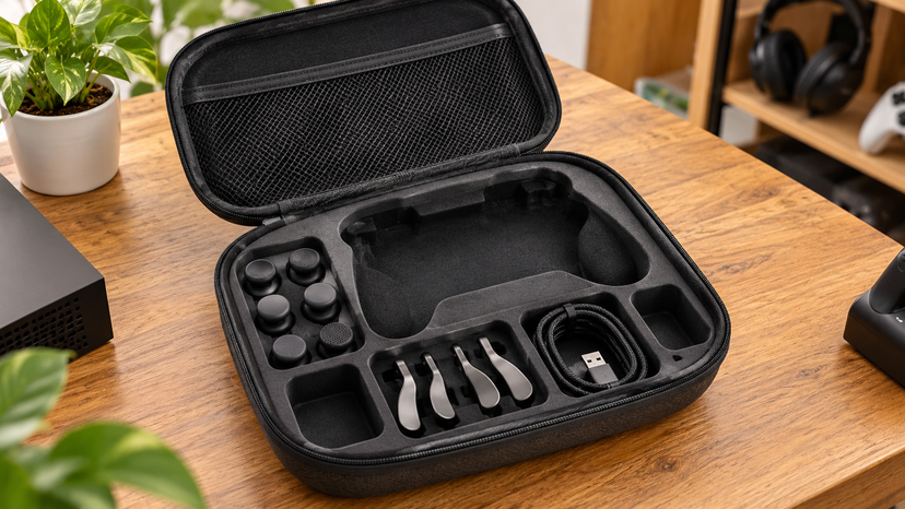 Conceptual illustration of a controller carrying case with separate compartments for accessories