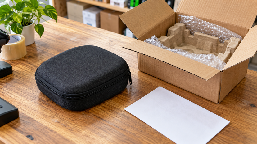 Editorial still life of protective packaging, a closed accessory case and a blank receipt