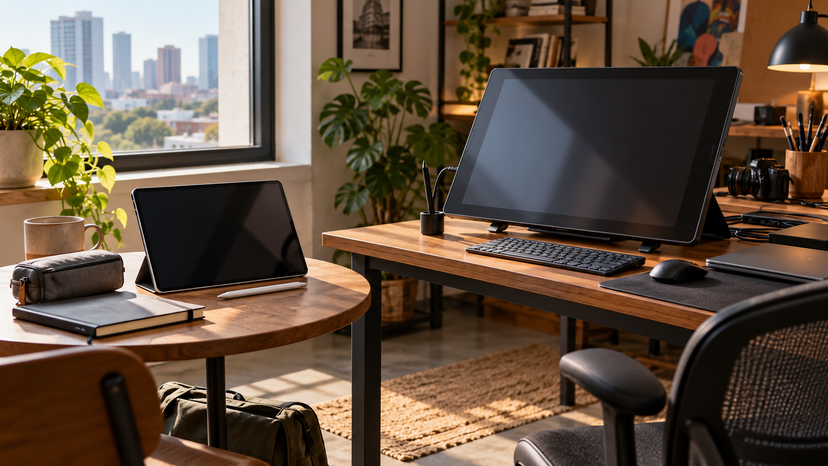 Conceptual illustration comparing a portable tablet workspace with a larger desk-based drawing setup