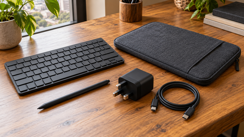 Editorial still life of a separate keyboard, stylus, protective sleeve and charging equipment on a wooden desk