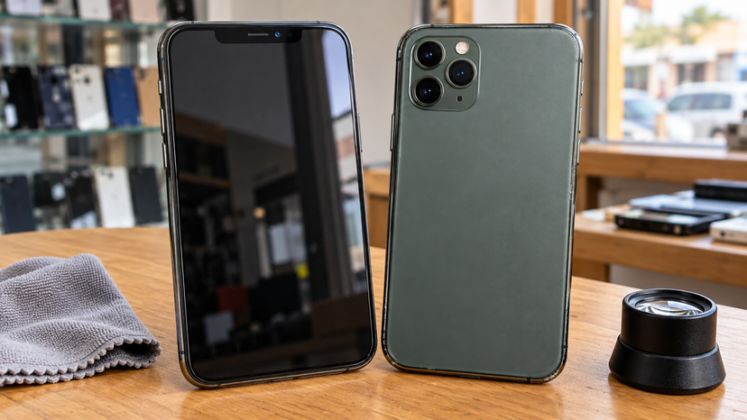 Editorial illustration of the front and rear of an iPhone 11 Pro Max for display, camera and physical-condition checks